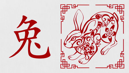 Happy Chinese New Year 2023, Year of the Rabbit Celebration Greeting Animation with Oriental ornamental elements and Rabbit Hieroglyph. Happy New Year and wishing Prosperity.の写真素材