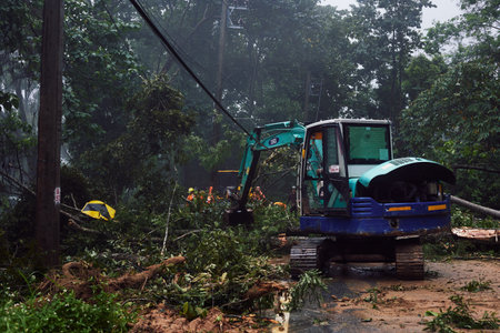 Thailand, Chiangmai, November 02 2022, a blockage on a mountain road. An excavator cleans up fallen trees after a hurricane. The rescue team is at work. Electric cable interferes with workのeditorial素材