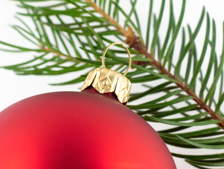 Red Christmas Tree bauble and twig of pine on a white background.の写真素材