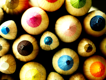 Wooden crayons. The visible spectrum of colors. Arranged in a block.の写真素材