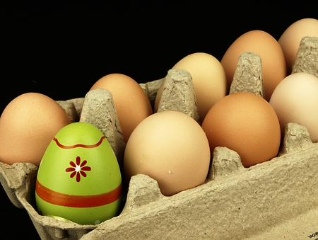 Eggs in the container. One colored Easter egg and a few ordinary eggs.
