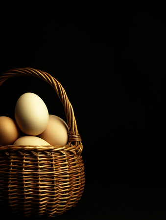 Wicker basket full of eggs on a black background.の写真素材