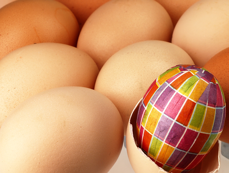One colored Easter egg and a few ordinary eggs.