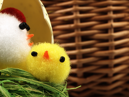 Easter chicken and eggs in the nest.