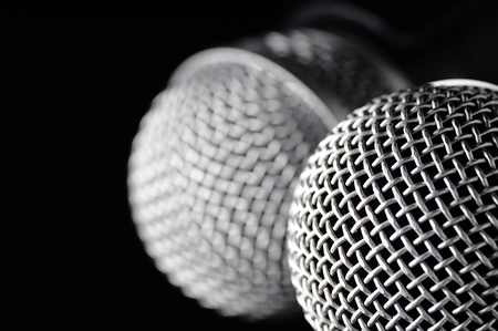 Silver microphone on the stage before the show.の写真素材