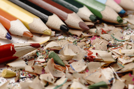 Creative mess on the table cartoonist. Wooden crayons.の写真素材