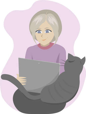 Cat-loving elderly woman doing some online shopping or browsing the web. Grandma with a black cat sitting on her lap is using her tablet or laptop. She's wearing a lilac sweater.のイラスト素材