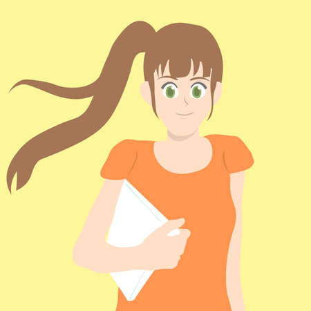 Vector illustration of cute girl holding a notebook paper .. Kid getting ready for school.のイラスト素材