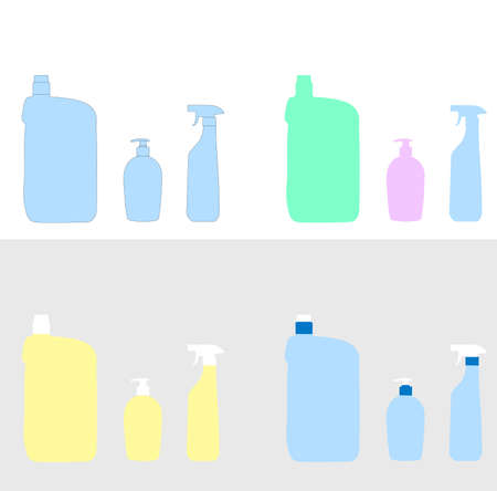 Vector set of cleaning supplies. Cartoon detergent bottles. Four different kinds. Bright colors. Vector illustration EPS 8.のイラスト素材