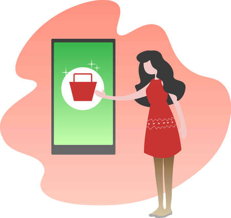 Woman in red dress with winter pattern is doing Christmas shopping. Vector illustration .のイラスト素材