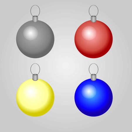 Vector set of 4 realistic round baubles with silver metallic hangers. 3 basic colors: red, blue and yellow plus one gray / black. Beautiful Christmas decoration. Perfect for cards, banners, website.のイラスト素材