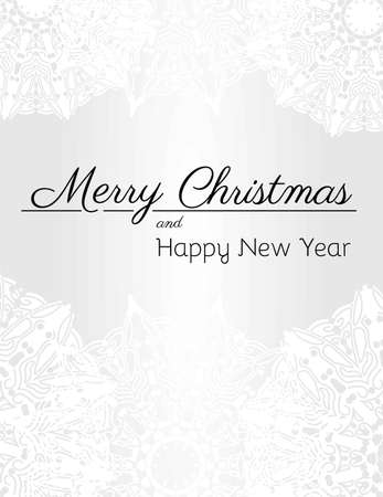 Beautiful Christmas greeting card with delicate white snowflakes and pleasant text message. White and gray gradient background. Standard greeting card proportions, size.のイラスト素材