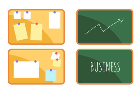 Vector set of four business illustrations. Blackboard (chalkboard) with growth graph and pin board with notes.のイラスト素材