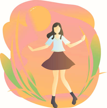 Young girl dancing or jumping in the sunny afternoon. She's happy, excited. The weather is hot and beautiful. Positive energy, summer illustration for blog, print, web, social media. Vector EPS 10.のイラスト素材