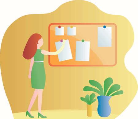 Business woman putting paper note on pin board at office. Working at corporate office. Concept art. Vector drawing EPS 10.のイラスト素材