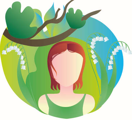 Natural beauty concept art. Anonymous girl inside imaginary forest with tree branches, leaves, lilies of the valley and abstract fluid background. Green and blue gradient colors contrasts with red.のイラスト素材