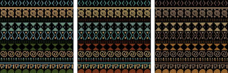 Ethnic seamless pattern inspired by Aztec culture. Geometric black background with doodle swirls, lines, circles, triangles. Dark natural colors: brown, teal blue, beige. Vector background .のイラスト素材