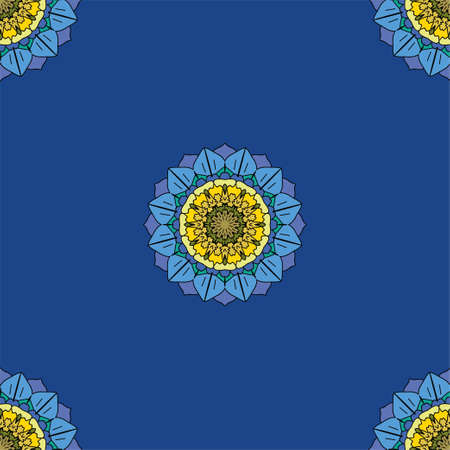 Deep blue geometric floral pattern. Botanical mandala inspired by myosotis flower (the common name "forget-me-not"). Citrus yellow, navy blue and black outline. Tiny flowers seamless pattern.のイラスト素材