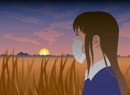 A ray of hope for the pandemic's end. Metaphoric vector illustration of woman wearing mask and looking forward with hope. Cinematic frame. Sunrise. A glimmer of hope that coronavirus will be defeated.のイラスト素材