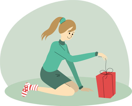 Woman opening Christmas present. She's sitting on ground and pulling ribbon. She's happy and excited. Christmas vector.のイラスト素材