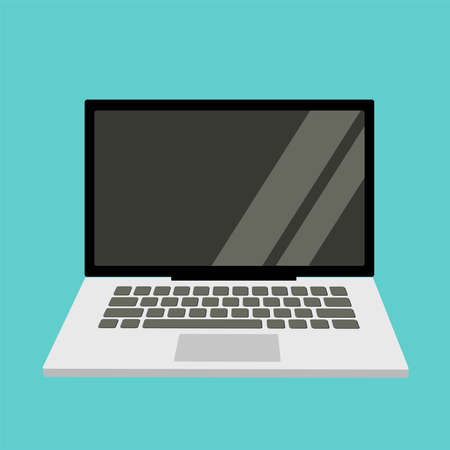 Simplified white laptop with dark gray buttons and shiny blank screen. Square teal background. Notebook business icon. Vectorのイラスト素材