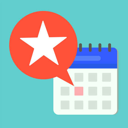 Comic speech bubble with white star and blue calendar with marked date. Super chance concept, special day, holiday, unique event, talent show icon. Vectorのイラスト素材