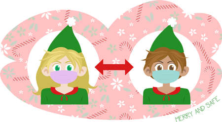 Santa's little helper. She has big green eyes and messy brown hair. She's wearing a white face mask. Have a safe Christmas during Covid-19 pandemic. Merry and safe. Vector greeting cardのイラスト素材