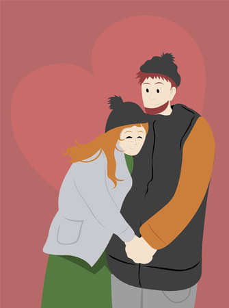 Young couple in love wearing winter outfits and holding hands. Red heart background. Editable valentine's day card design without text.のイラスト素材