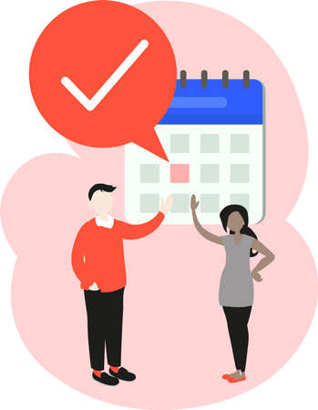Deadline concept art. Business people working together, finish work on time. Calendar with check mark. Positive business vector illustration.のイラスト素材