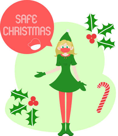 Cute Christmas elf girl wearing medical face mask and saying "Safe Christmas". Covid-19 pandemic Christmas wishes in red speech bubble. Lime green abstract fluid background with candy cane and holly.のイラスト素材