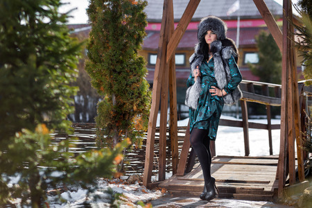 Beautiful young girl in a fur hatの写真素材