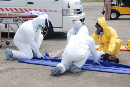 CHONBURI - JUNE 25   Practicing radiological and chemicals casualty prepare for the officer about...