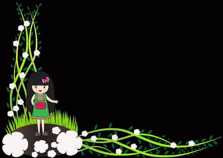 Cute young girl with white flowers on a black background.のイラスト素材