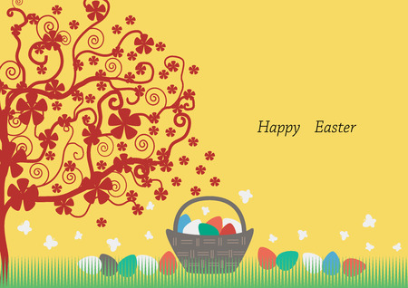 Easter day,The red flowers with colorful eggs in the grass. In the background, yellow.のイラスト素材