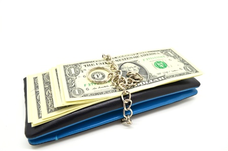 black leather wallet with lock and some banknote, concept for money saving