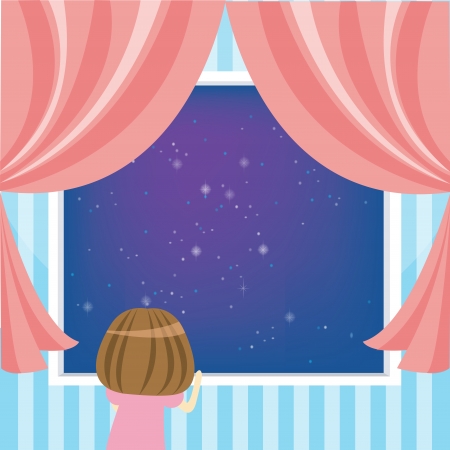 young girl looking at the sky during the night timeのイラスト素材