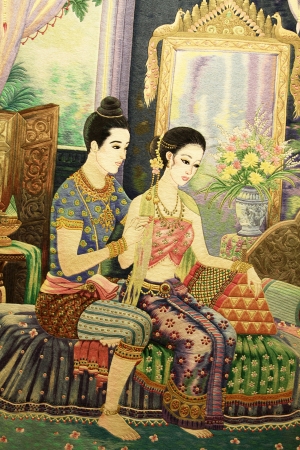 Vintage embroidery on hand made art of  Thailand style on fabricのeditorial素材