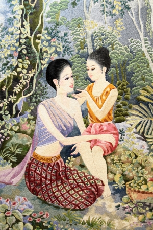 Vintage embroidery on hand made art of  Thailand style on fabricのeditorial素材