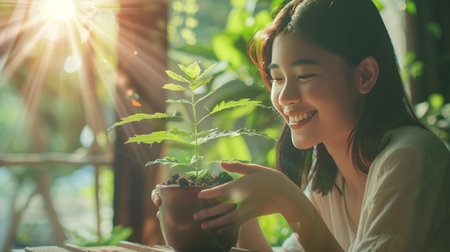 Young asian woman holding plant in pot and smiling while sitting in coffee shopの素材