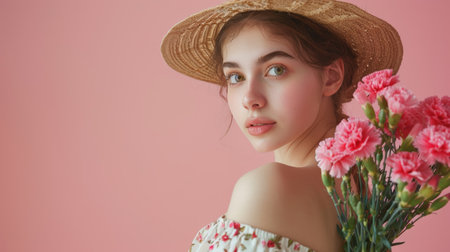 Portrait of a beautiful girl in a hat with a bouquet of flowers on a pink backgroundの素材