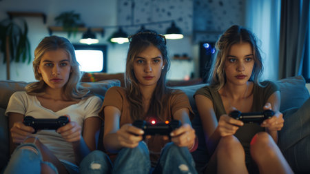Group of young women playing video games at home in the evening.の素材