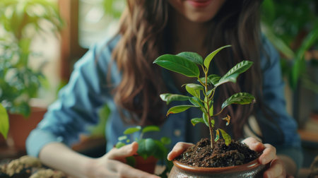Close up of woman hands holding young green sprout in pot with soil on blurred background.の素材