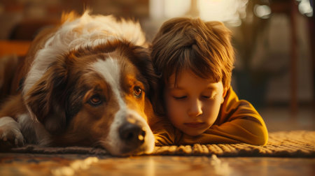 Portrait of a little boy with his dog at home. Selective focus.の素材