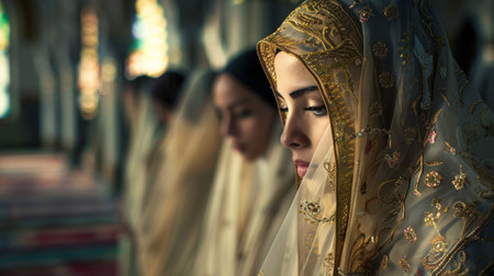 Beautiful Muslim women praying in the mosque. Selective focus.の素材