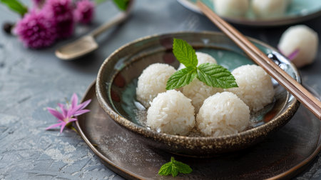 Rice balls with mint leaves in a plate on a concrete backgroundの素材