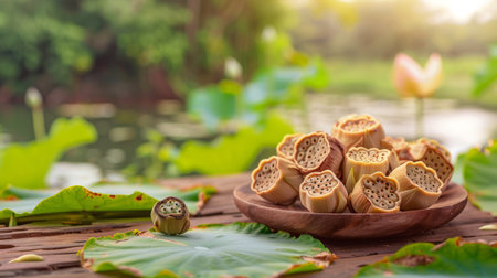 Close up of lotus seed in wooden bowl on the lotus leaf.の素材