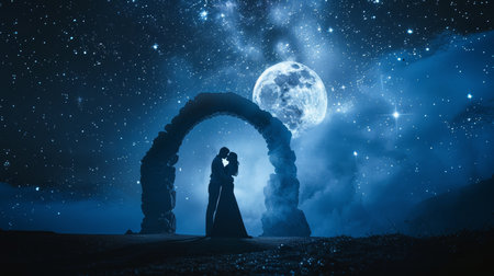 Wedding couple in the arch at night sky with full moonの素材