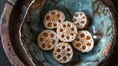 Bowl with lotus seeds on a dark background. Selective focus.の素材
