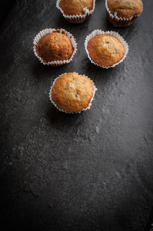 Homemade Banana cake on black backgroundの写真素材