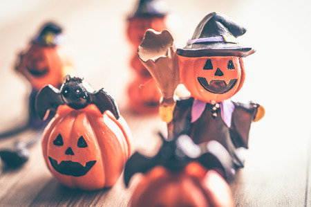 Halloween pumpkin decoration on wooden backgroundの写真素材